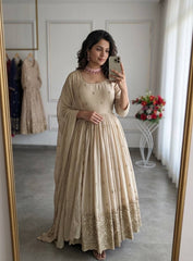 Amazing Beige Pure Cinon Silk with Sequin Work Gown