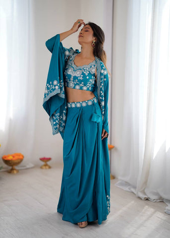Exclusive Teal Blue Silk Embroidery Work Skirt With Top