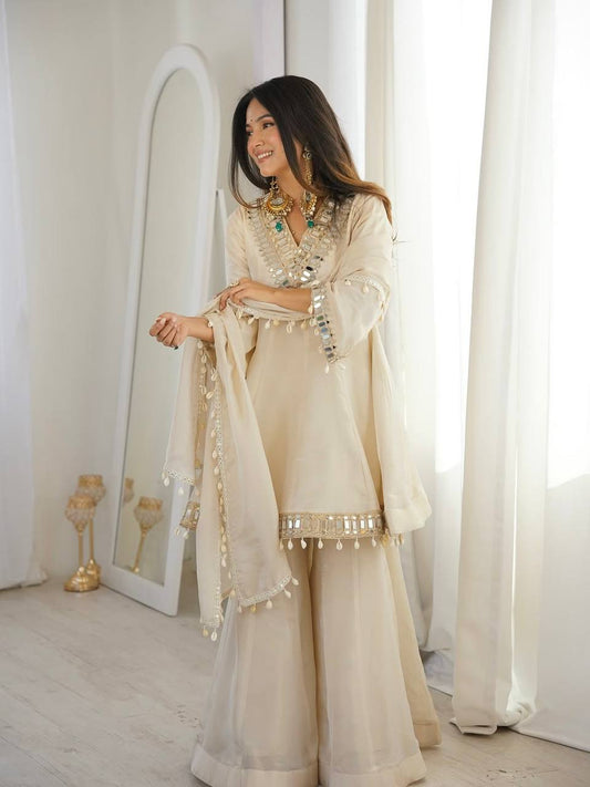 Exclusive Cream Tebby Organza Silk Real Mirror Work Sharara