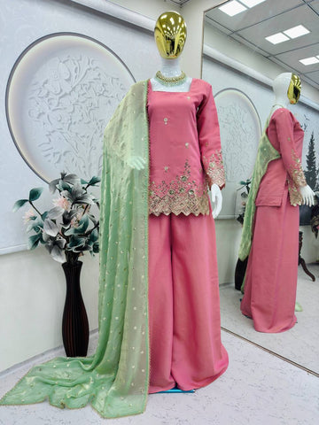 Stylish Pink Heavy Shimmer Silk with Embroidery Sequins Work Sharara Suit