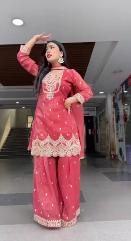 Charming Red Heavy Sequence Work Sharara Suit