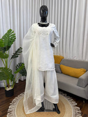 Amazing White Natural Crep Thread with Sequence Work Sharara Suit
