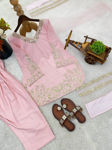 Elegant Pink Crepe Silk Embroidery Work Palazzo Suit