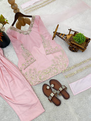 Elegant Pink Crepe Silk Embroidery Work Palazzo Suit