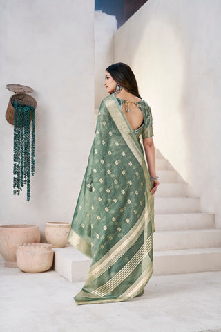 Exclusive Green Soft Linan Cotton Silk Zari Work Saree