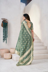 Exclusive Green Soft Linan Cotton Silk Zari Work Saree