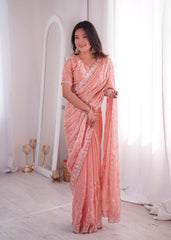 Opulent Peach Silk Saree with Beads Work
