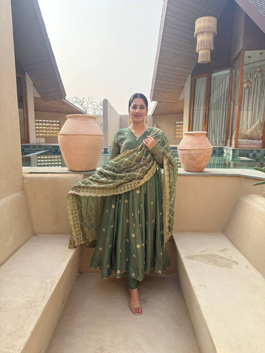 Amazing Pista Green Embroidery Anarkali Gown