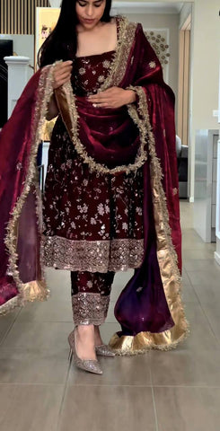 Stunning Maroon Heavy Fandy Silk Embroidery Work Gown