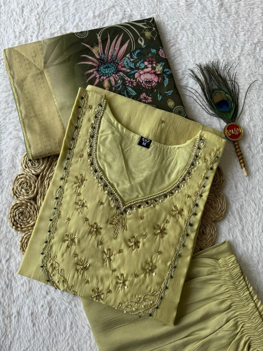 Exclusive Elaichi Mul Chanderi with Hand Work Suit