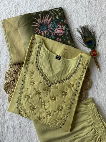 Exclusive Elaichi Mul Chanderi with Hand Work Suit