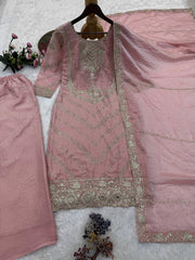 Lovely White Heavy Frendy Silk Embroidery Work Palazzo Suit
