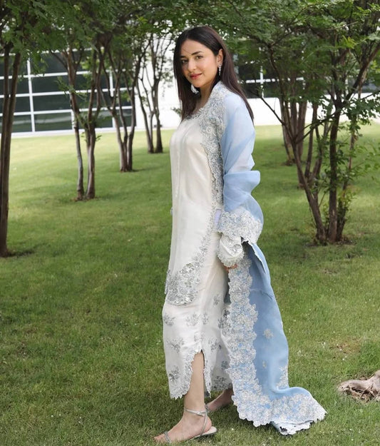 Blue Pure Roman Glass Sequence Work Palazzo Suit