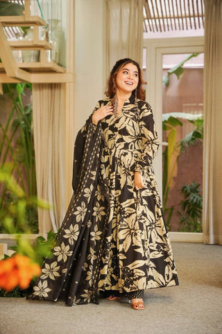 Awesome Black Maslin Cotton Digital Print Anarkali Suit