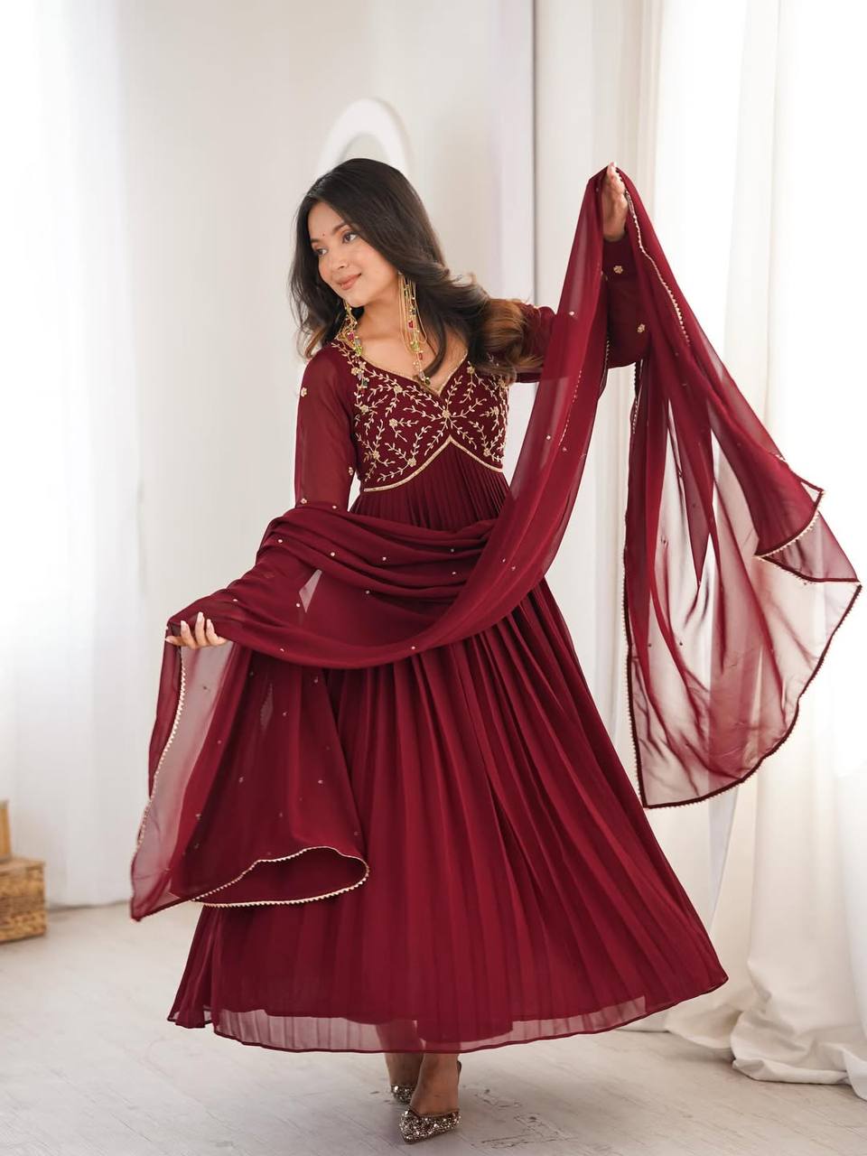Lovely Maroon Faux Georgette Handwork Anarkali Suit
