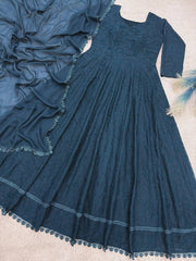 Amazing Teal Blue Georgette Silk Thread Embroidery Gown