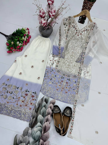 Fabulous White Georgette with Embroidery Work Palazzo Suit