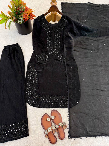 Amazing Black Silk Embroidery Work Sharara Suit