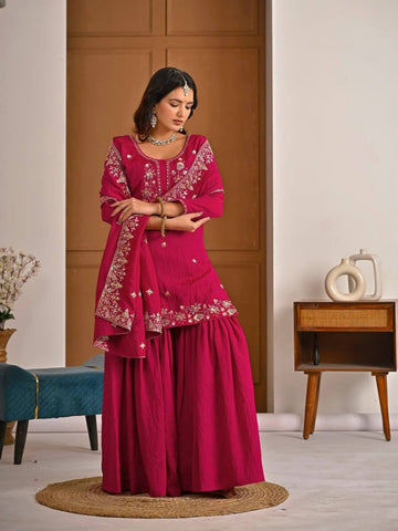 Beautiful Pink Vichitra Work Sharara Suit