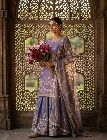 Lovely Lavender Silk Embroidery Work Sharara Suit