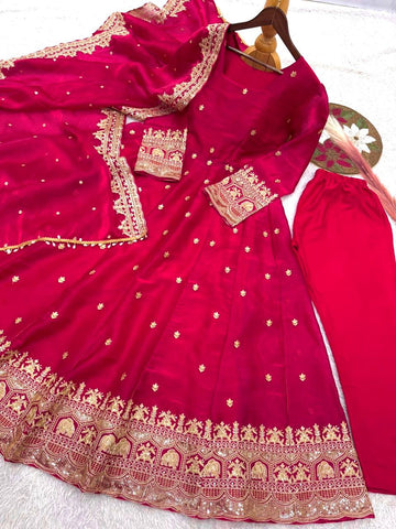 Exclusive Maroon Fandy Satin Silk with Heavy Embroidery Work Gown