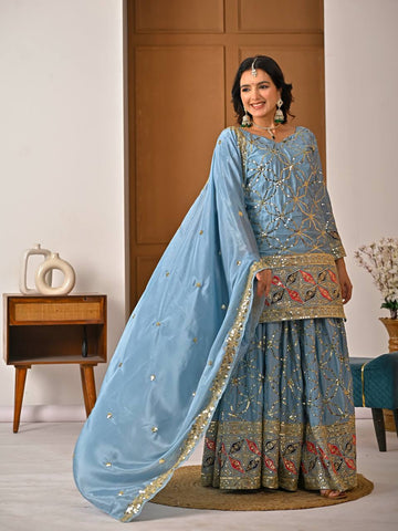 Exclusive Blue Heavy Chinnon Silk Sharara Suit