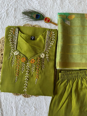 Amazing Parrot Mul Chanderi with Hand Work Sharara Suit