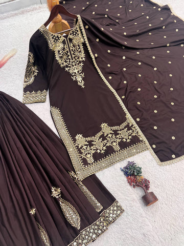 Elegant Brown Natural Crepe Silk Embroidery Work Palazzo Suit