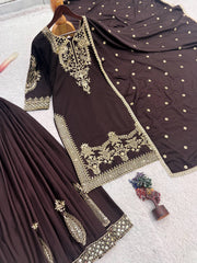 Elegant Brown Natural Crepe Silk Embroidery Work Palazzo Suit