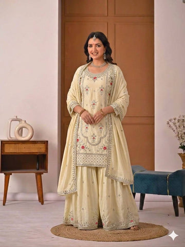Beautiful Orange Natural Crep Embroidered Sharara Suit