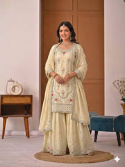 Beautiful Orange Natural Crep Embroidered Sharara Suit