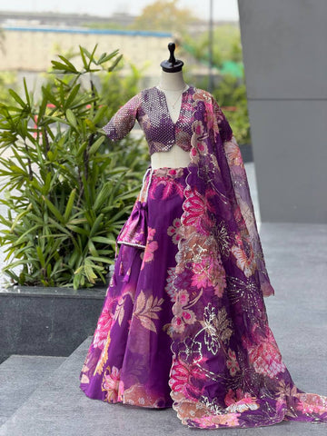 Shining Purple Organza Sequence Work Lehenga