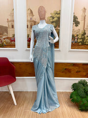 Sky Blue Peacock Embroidered Saree