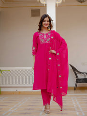 Alluring Rust Pure Viscose Mango Silk Multi Embroidery Work Kurti Set