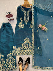 Alluring Blue Jmc Silk Thread Work Plazo Suit