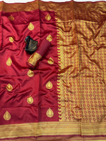 Maroon Lichi Silk Banarasi Saree Wedding Wear Saree