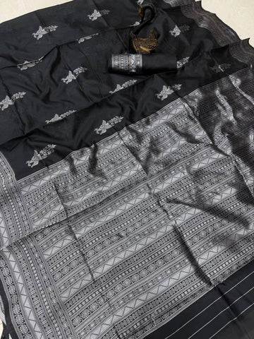 Shining Black Lichi Silk Banarasi Saree Wedding Wear