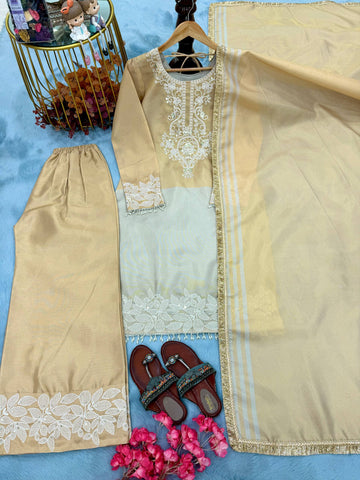 Alluring Beige Banarasi Silk Embroidered Palazzo Suit