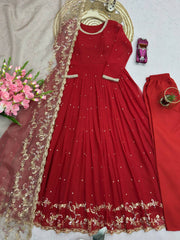 Elegant Red Fox Georgette Embroidery Work Gown