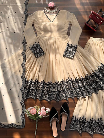 Gorgeous Cream Faux Georgette Embroidery Work Sharara Suit