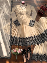 Gorgeous Cream Faux Georgette Embroidery Work Sharara Suit