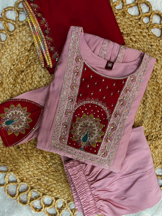 Lovely Pink Roman Silk Multi Embroidery Anarkali Kurti Set
