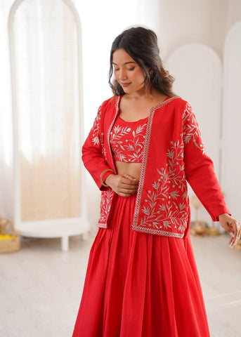 Stunning Red Havy Chinon Silk Plain Lehenga