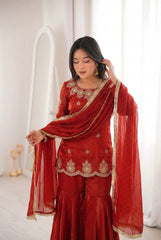 Red Fendy Silk with Sequence Work Sharara Suit