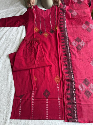 Lovely Maroon Cotton with Mirror Hand Work Kurti Set