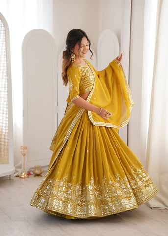 Charming Yellow Havy Simmer Silk Thread Work Lehenga