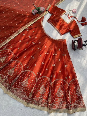 Exclusive Rust Silk With Thread Work Lehenga Choli