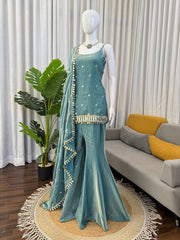 Blue Fendy Silk Thread Work Sharara Suit
