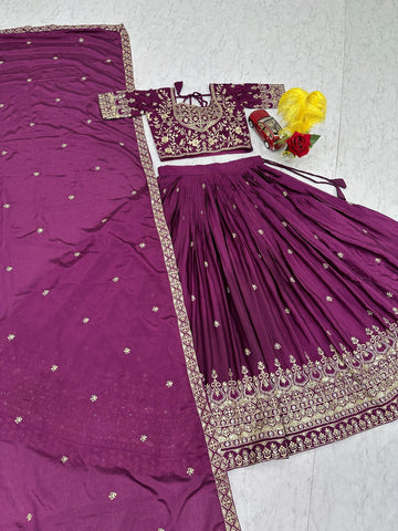 Exclusive Purple Chinon Heavy Embroidery Lehenga Choli