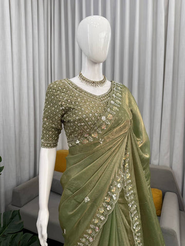 Trending Sequence Work Mehndi Green Silk Saree